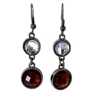 Vintage Red Rhinestone Rivoli Dangle Earrings 1 7/8" Silver Tone Gun Metal